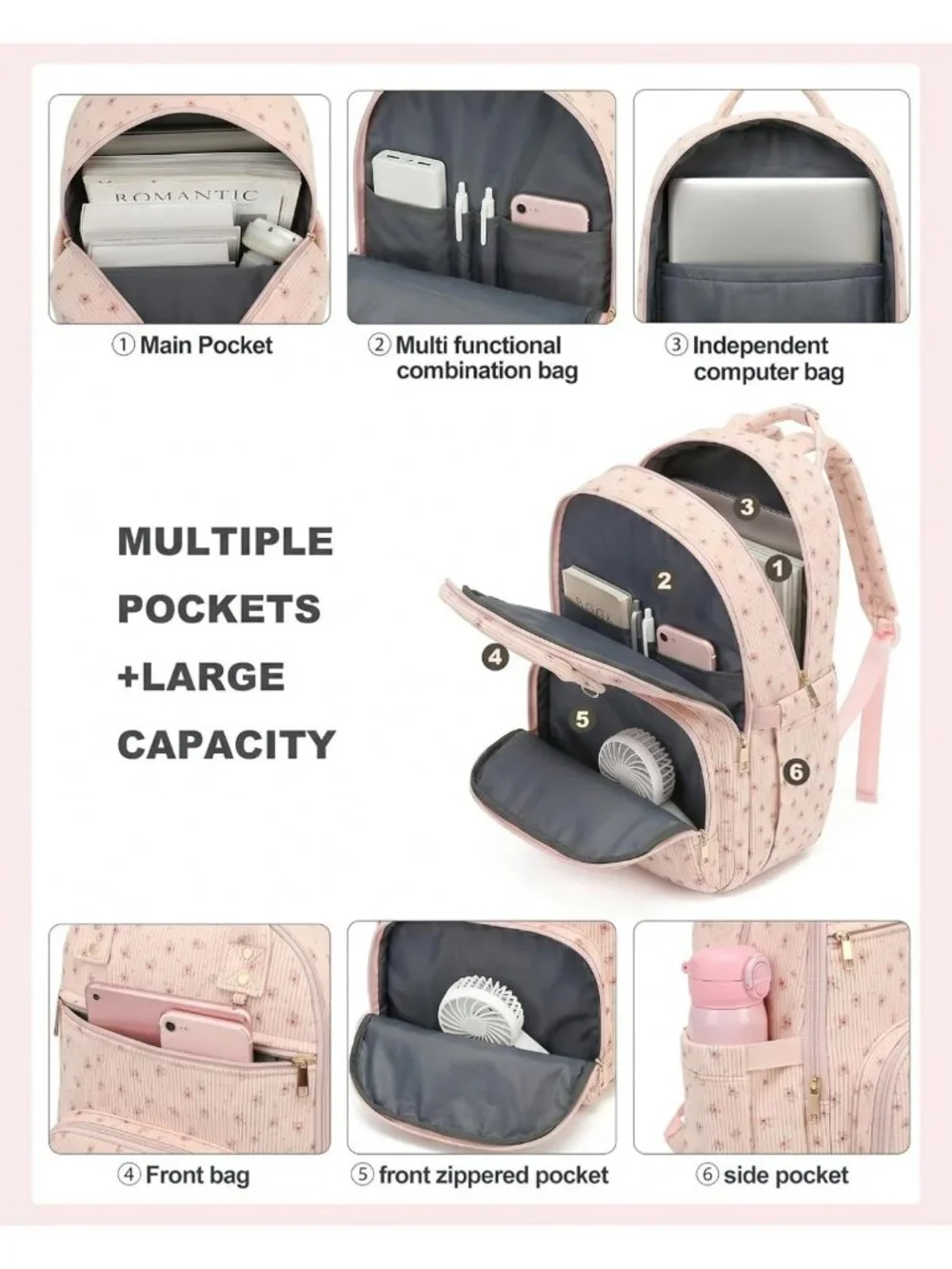 Floral Pink Laptop Backpack for Women, Lightweight School Bag with Compartment